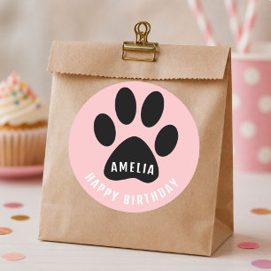 Paw Print Pink Happy Birthday Sticker with Name