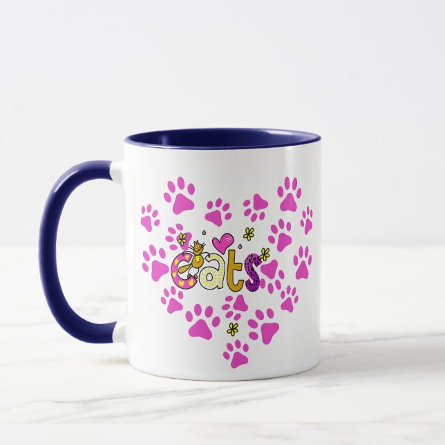 Paw Print Pink Heart White Handle Ceramic Mug 11oz (Left)