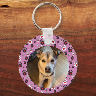 Paw print pink red heart photo key ring
