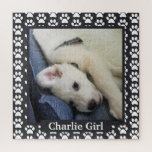 Paw Print Puppy Photo with Name Jigsaw Puzzle<br><div class="desc">Customise name and image with your pet.</div>