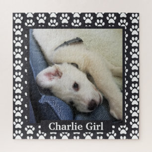 Paw Print Puppy Photo with Name Jigsaw Puzzle