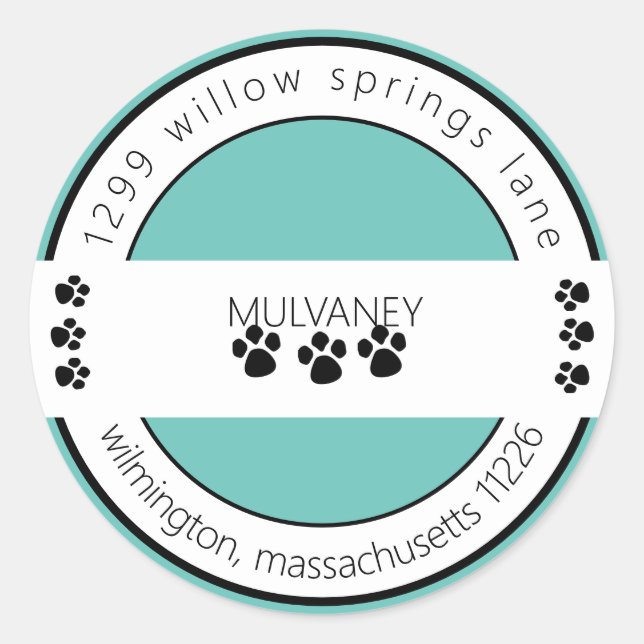 Paw Print Return Address Turquoise Classic Round Sticker (Front)
