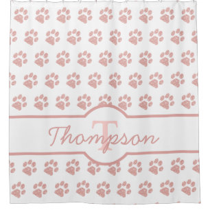 Paw Print Rose Gold Glitter Monogram Cat Dog Paw Shower Curtain