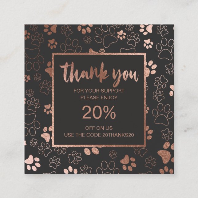 Paw Print Rose Gold Thank you Discount Cards (Front)