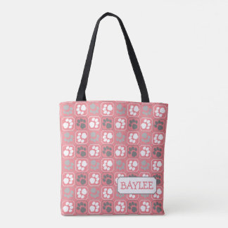 Paw Print Tile Pattern Pink with Name Tote Bag