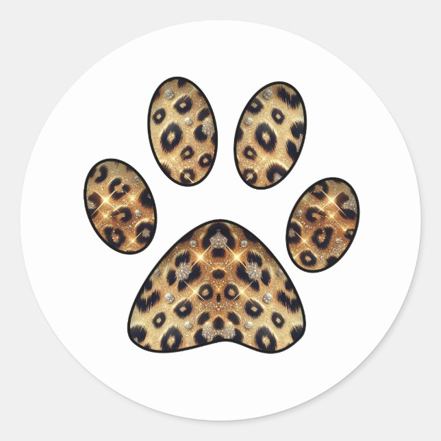 Paw Print with Gold & Black Leopard Sparkle  Classic Round Sticker (Front)