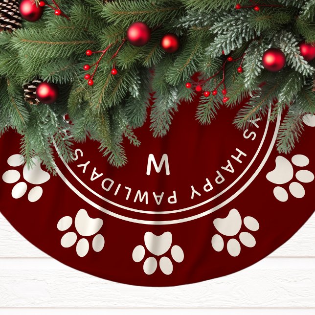 Paw Print Wreath Monogram Pet Burgundy Christmas Brushed Polyester Tree Skirt (Creator Uploaded)