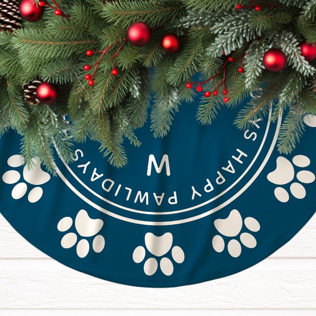 Paw Print Wreath Monogram Pet Navy Christmas Brushed Polyester Tree Skirt (Creator Uploaded)