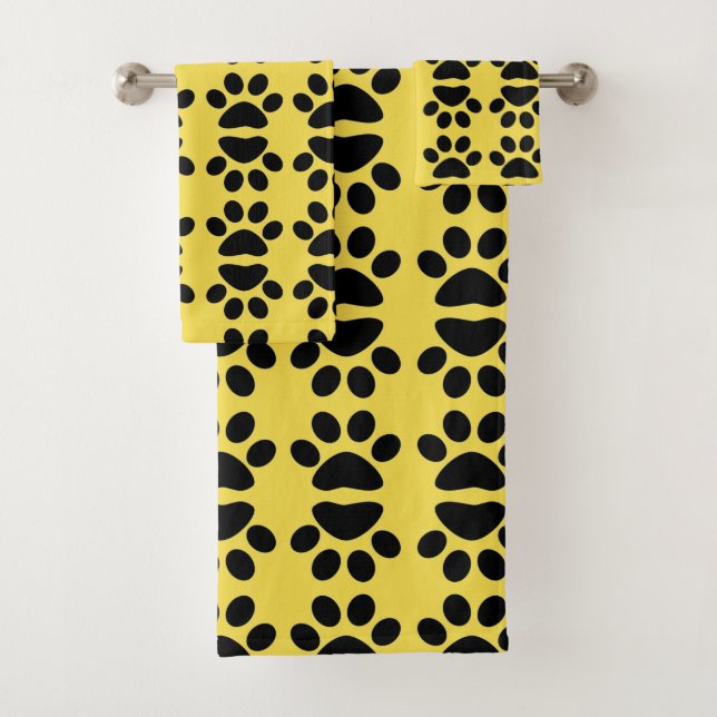 Paw Prints Abstract Pattern Yellow Bath Towel Set (Insitu)
