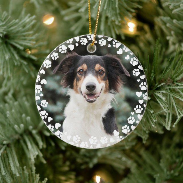 Paw Prints and Hearts Frame Custom Pet Photo Ceramic Tree Decoration (Tree)