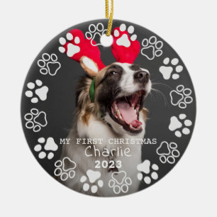Paw Prints and Hearts Frame Custom Pet Photo Ceramic Tree Decoration