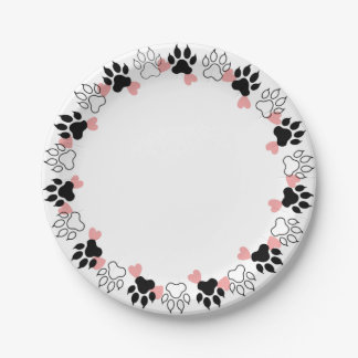 Paw prints and hearts paper plates