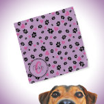 Paw prints and hearts pattern Lilac Monogram name Bandana<br><div class="desc">Cute bandanna with black paw prints and pink hearts pattern on purple violet colour. Lovely accessory for dogs and dog owners :) • Personalise it with pet's name and monogram, delete text or customise further - edit fonts, colours, resize/move/delete elements, add text and more, or transfer it on another product....</div>