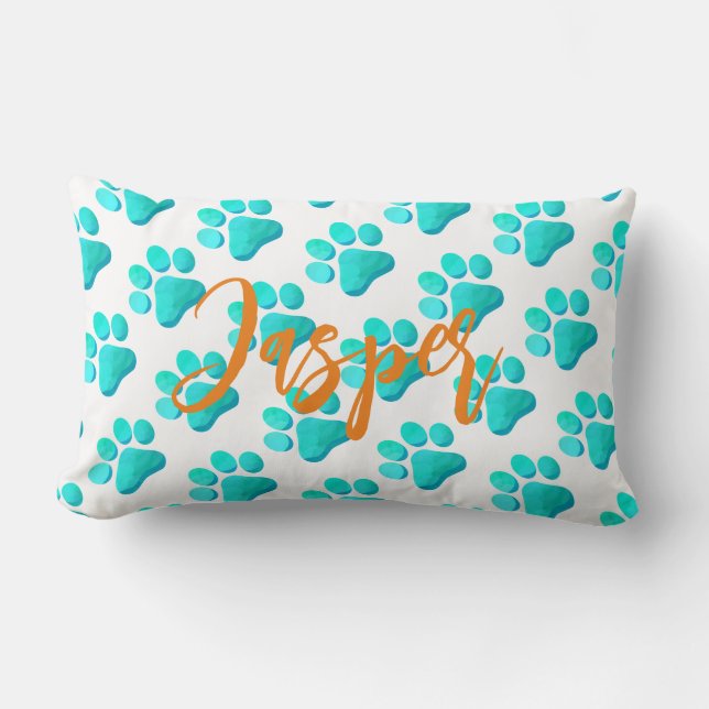 Paw Prints Aqua Blue PET NAME Orange Artisan Fun Lumbar Cushion (Front)