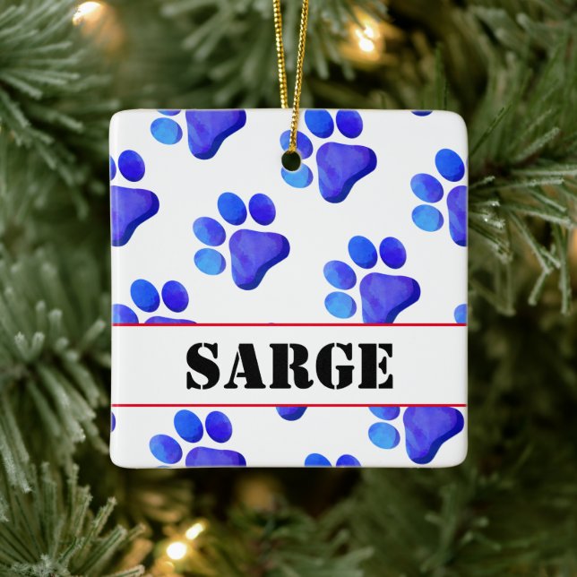 Paw Prints Blue PET NAME Patriotic Dog Cat Fun Ceramic Ornament (Tree)