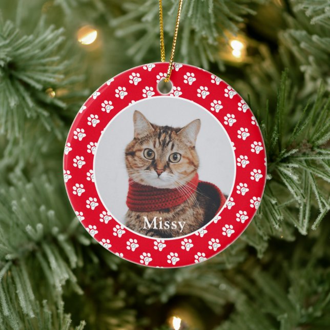Paw Prints Custom Pet Photo Cat Name Ceramic Tree Decoration (Tree)