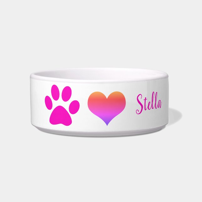 Paw Prints Cute Heart Monograms Pink White Ombre Bowl (Front)