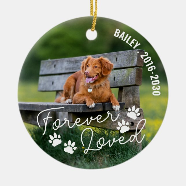 Paw Prints Forever Loved Name Curved Text Ceramic Tree Decoration (Front)