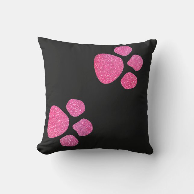 Paw Prints Glitter Rose Gold Pink Black Trendy Cushion (Front)