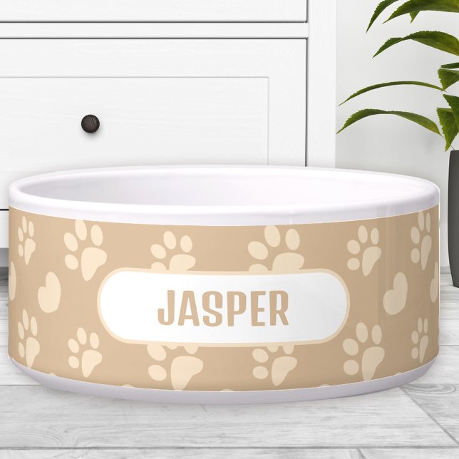 Paw Prints Heart Pattern Beige Name Pet Dog (Paw Prints Heart Pattern Beige Name Pet Dog Bowl)