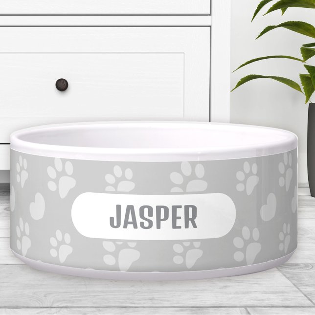 Paw Prints Heart Pattern Grey Name Pet Dog (Paw Prints Heart Pattern Grey Name Pet Dog Bowl)