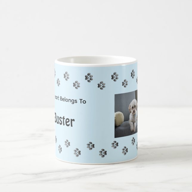 Paw Prints Light Blue Dog Photo Custom Name Coffee Mug (Center)