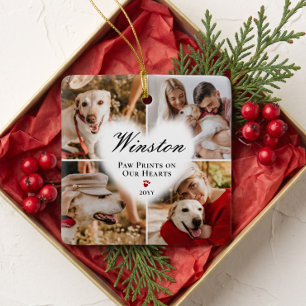 Paw Prints on Hearts Pet Memorial Photo Collage Ceramic Ornament