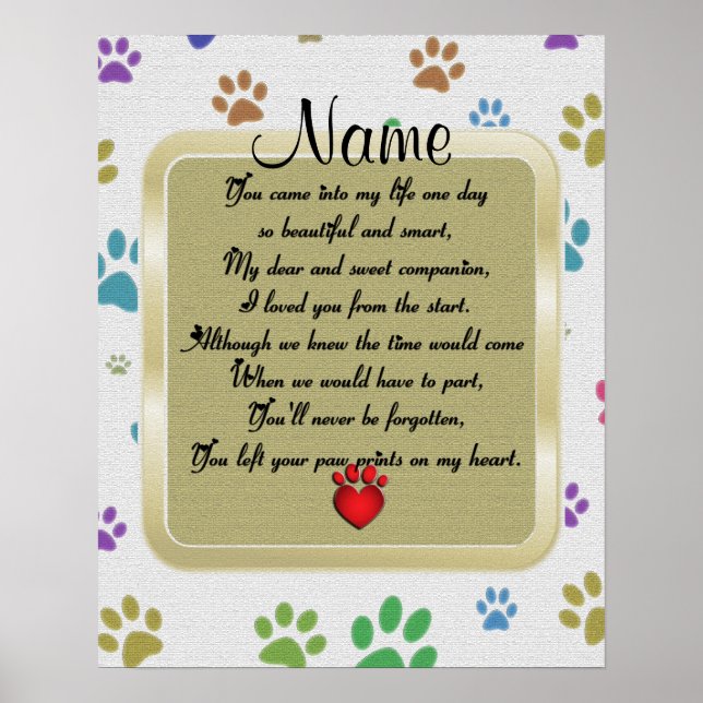 Paw Prints on My Heart Poem Pet Memorial (Front)