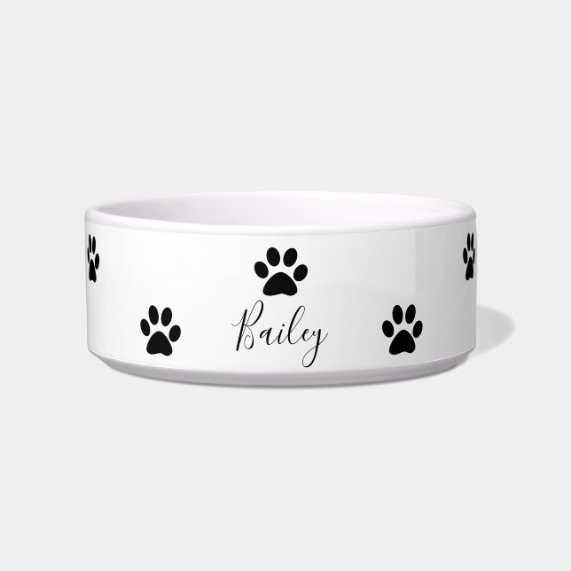 Paw Prints Patterns Black White Custom Name Cute Bowl (Front)
