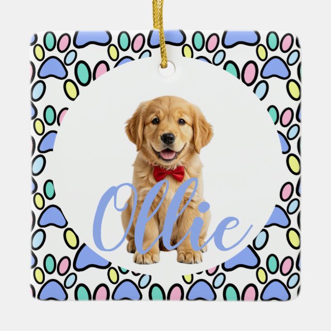 Paw Prints Personalised Dog Photo Ceramic Ornament (Front)