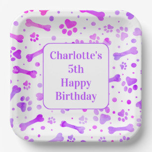 Paw Prints Personalized Pink Purple Birthday Party Paper Plate