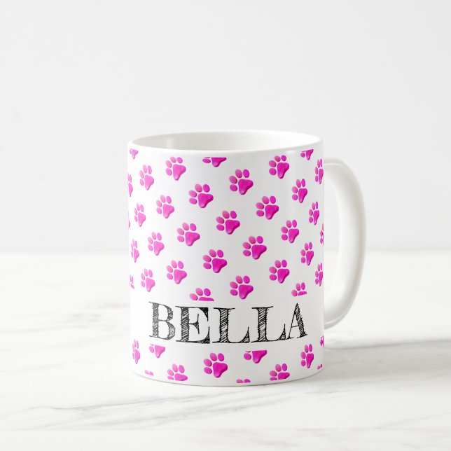 Paw Prints PET NAME Colourful Pink Animal Fun Coffee Mug (Front Right)