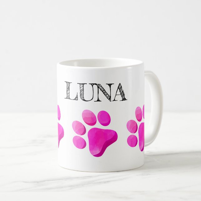 Paw Prints PET NAME Colourful Pink Modern Fun  Coffee Mug (Front Right)