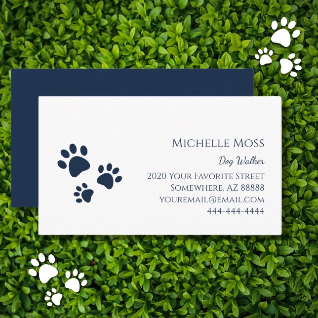 Paw Prints Pets Dog Walker Navy Blue Typography Business Card (Creator Uploaded)