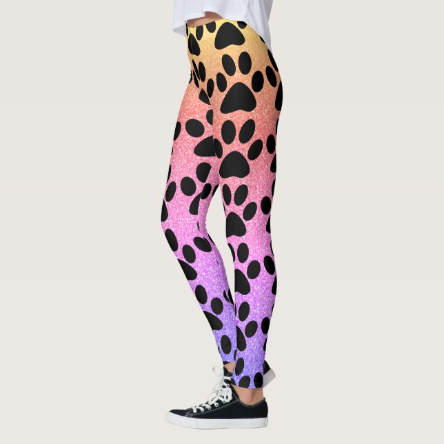 Paw Prints Pink Rose Gold Glitter Black Patterns Leggings (Left)