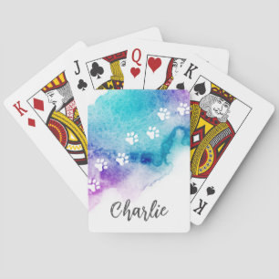 Paw prints purple aqua blue watercolor paint playing cards