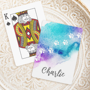 Paw prints purple aqua blue watercolor paint playing cards