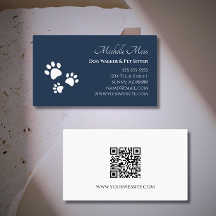 Paw Prints QR code Navy Blue Pet Sitter  Business Card