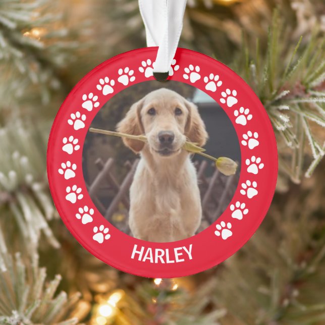 Paw Prints Red Frame Custom Pet Photo Ornament (Tree)