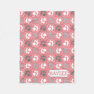 Paw Prints Tile Design Pink and Grey Fleece Blanket