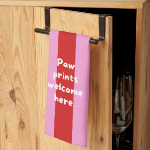 'Paw Prints Welcome Here.' Red And Pink Striped Tea Towel