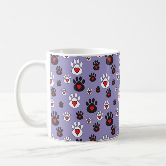 Paw Prints with red hearts on blue Coffee Mug (Left)