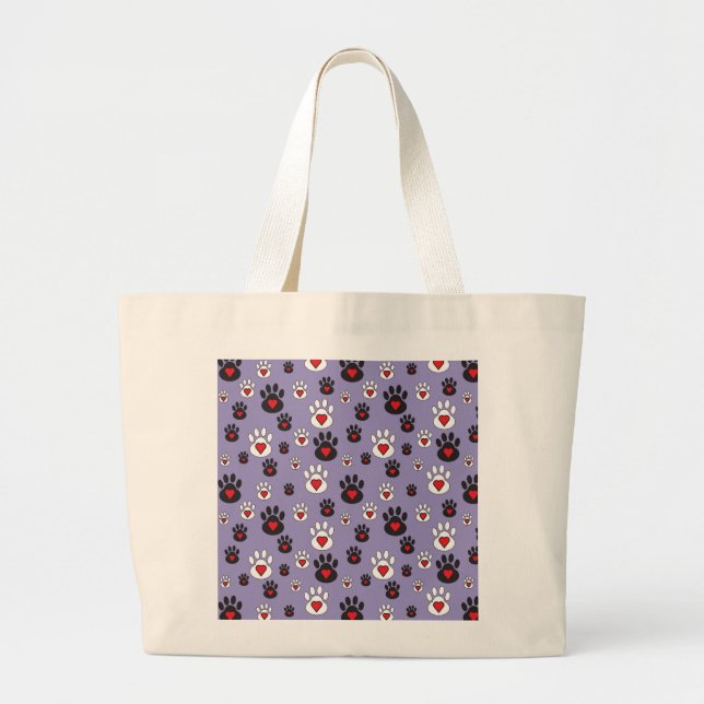 Paw Prints with red hearts on blue Large Tote Bag (Front)