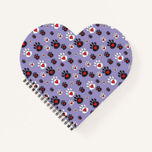 Paw prints with red hearts on blue  notebook