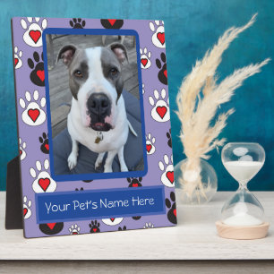 Paw Prints with red hearts on blue Personalised Plaque