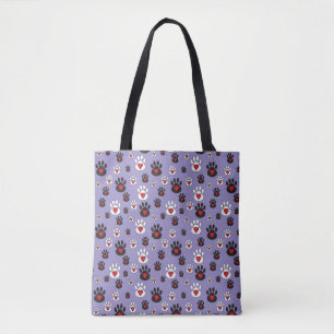 Paw Prints with red hearts on blue Tote Bag