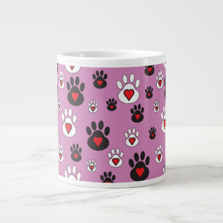 Paw prints with red hearts on pink large coffee mug