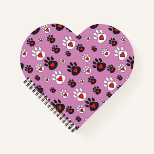 Paw prints with red hearts on pink  notebook