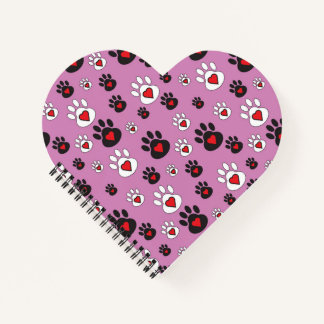 Paw prints with red hearts on pink  notebook