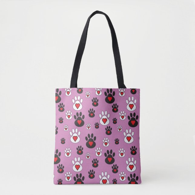 Paw prints with red hearts on pink  tote bag (Front)